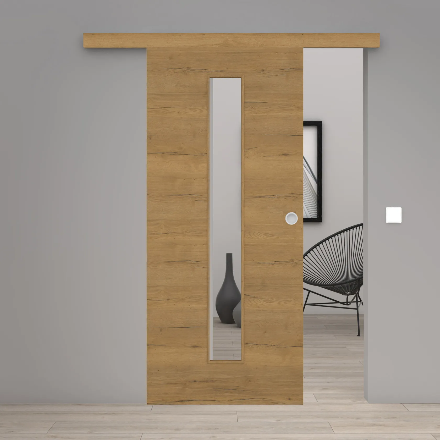 Schiebetür Laminato Eiche Honey Quer CPL schmaler Lichtausschnitt