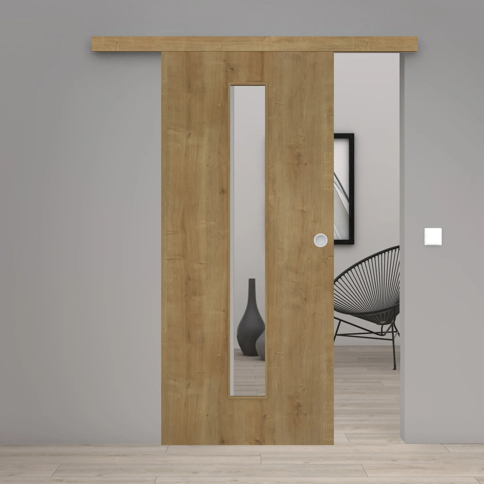 Schiebetür Laminato Eiche astig CPL schmaler Lichtausschnitt