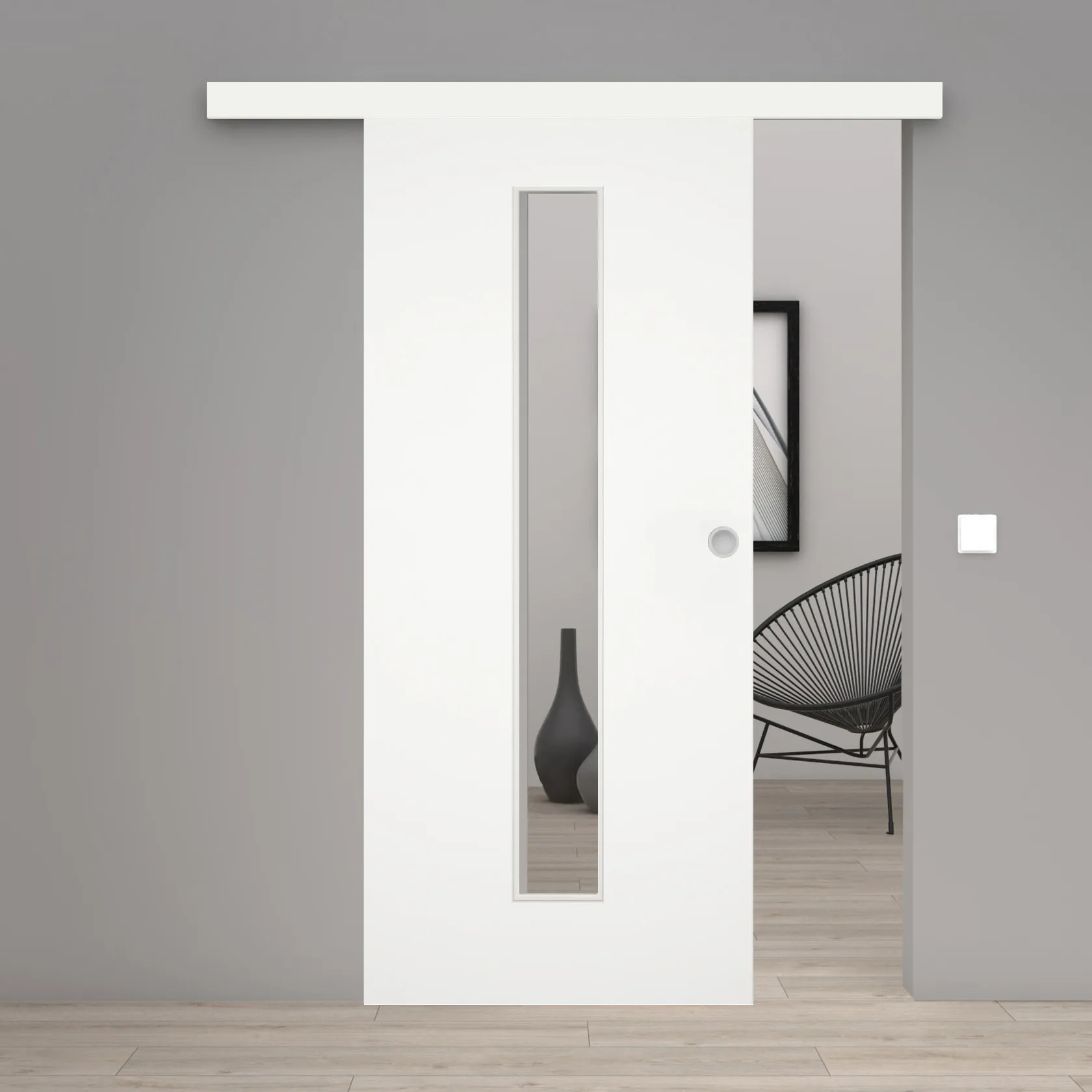 Schiebetür Laminato Uniweiß 9016 CPL schmaler Lichtausschnitt